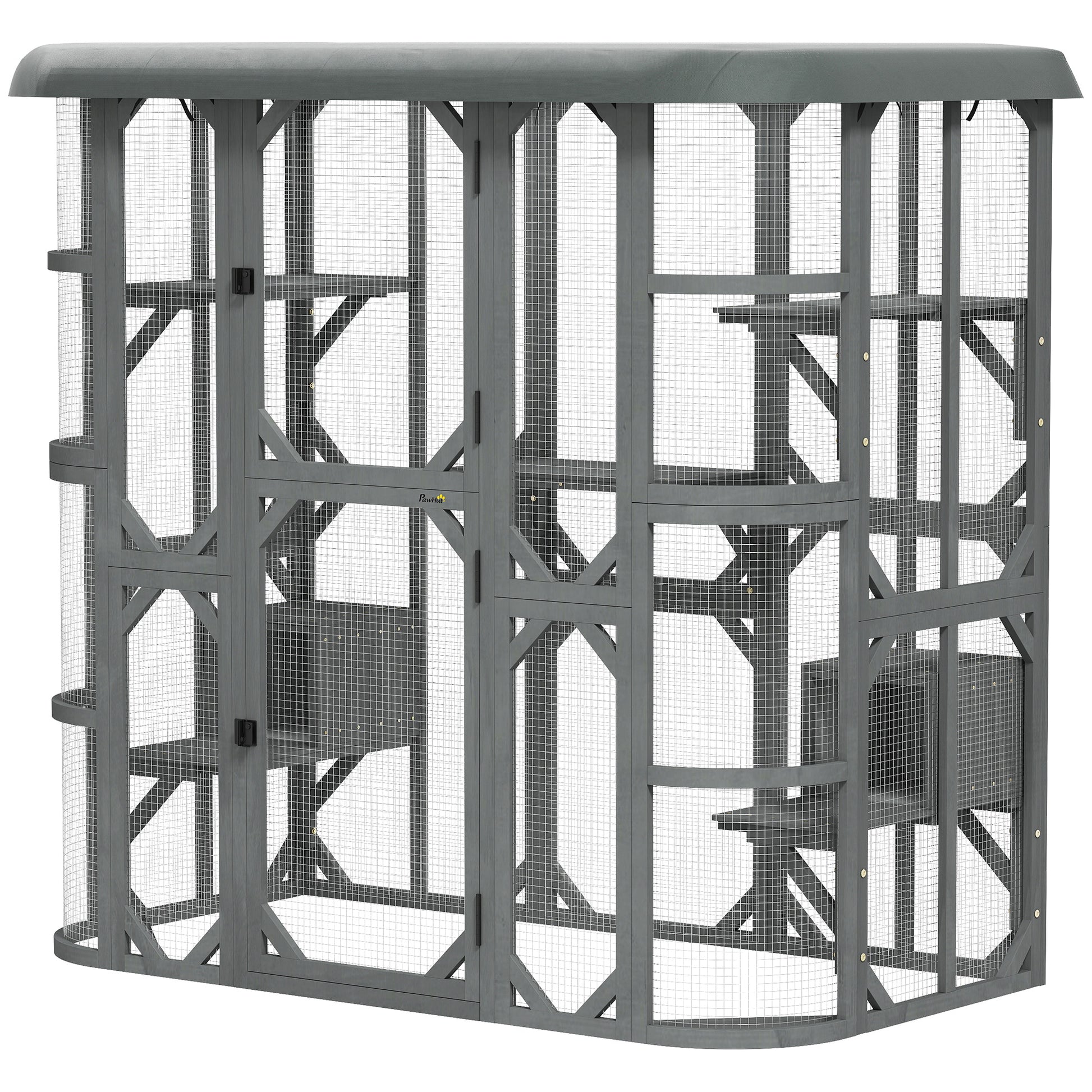 Catio Outdoor Cat Enclosure, 71" Wooden Cat House with Platforms, Condos and Waterproof Cover for 2–3 Kittens, Grey