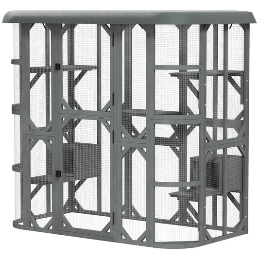 Catio Outdoor Cat Enclosure, 71" Wooden Cat House with Platforms, Condos and Waterproof Cover for 2–3 Kittens, Grey