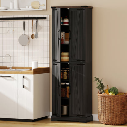 72" Pantry Cabinet, Farmhouse Freestanding Kitchen Storage Cabinet with Adjustable Shelves for Dining Room, Black
