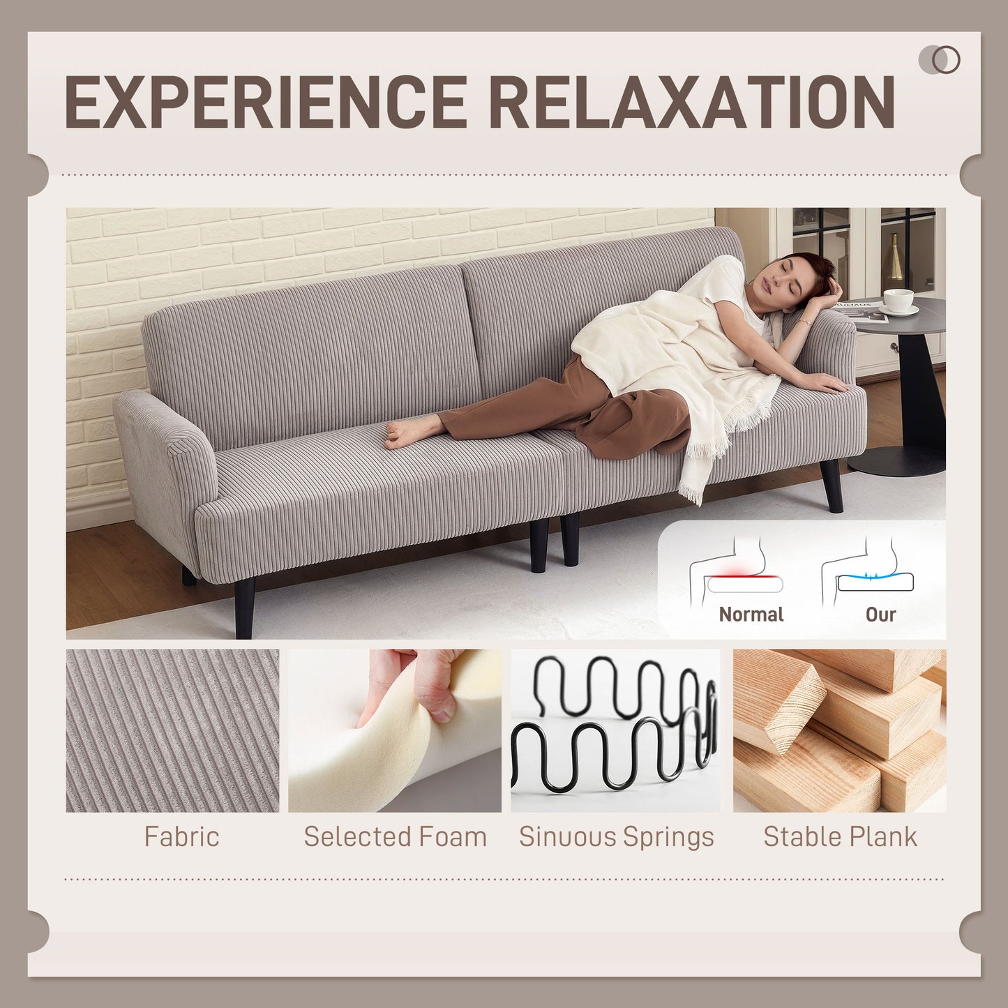 Modern Couch, 3 Seater Sofa, Corduroy Loveseat with Rubberwood Legs and Extra-Wide Seat, Light Grey