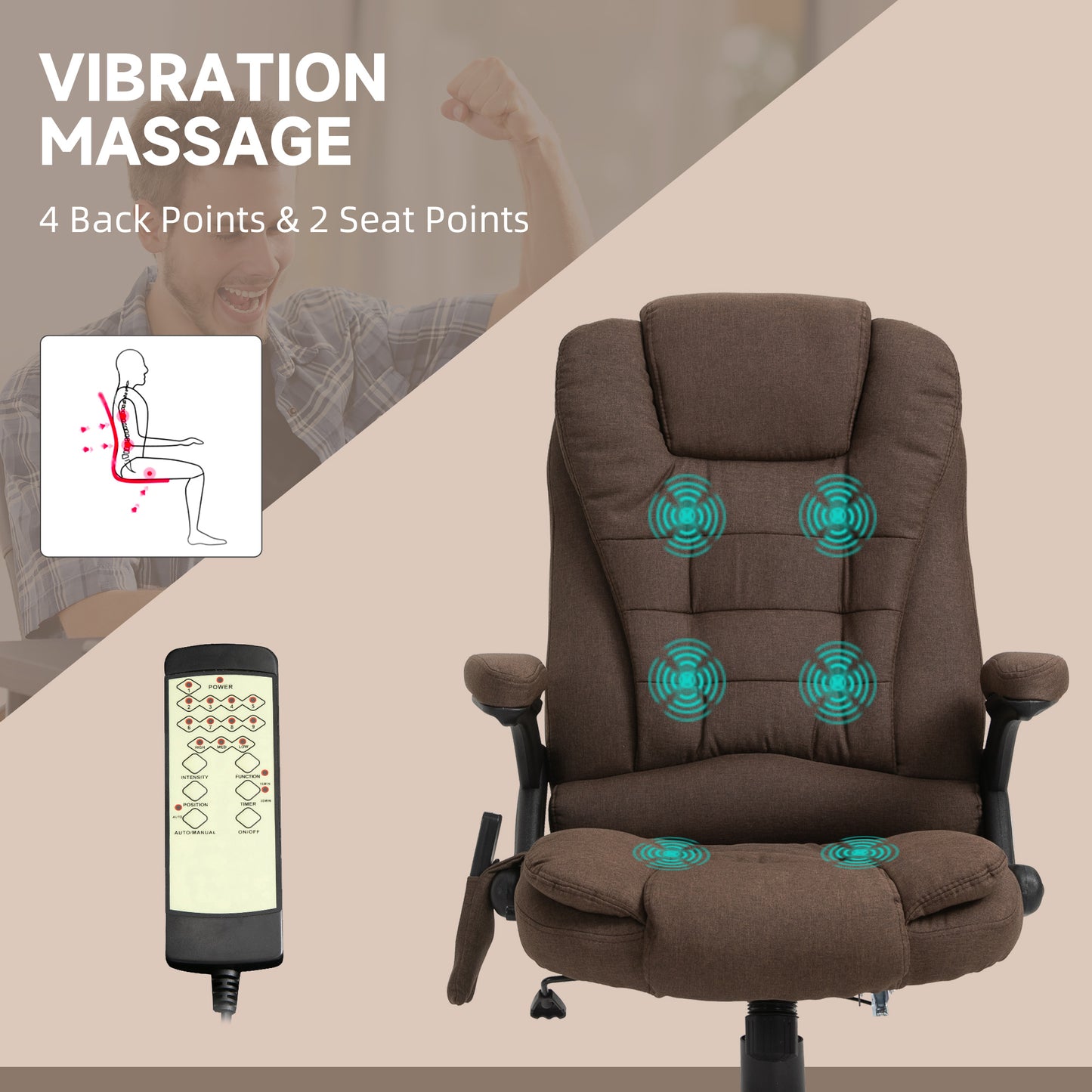 Reclining Massage Office Chair, Executive Office Chair with High Back, Swivel Wheels, Brown