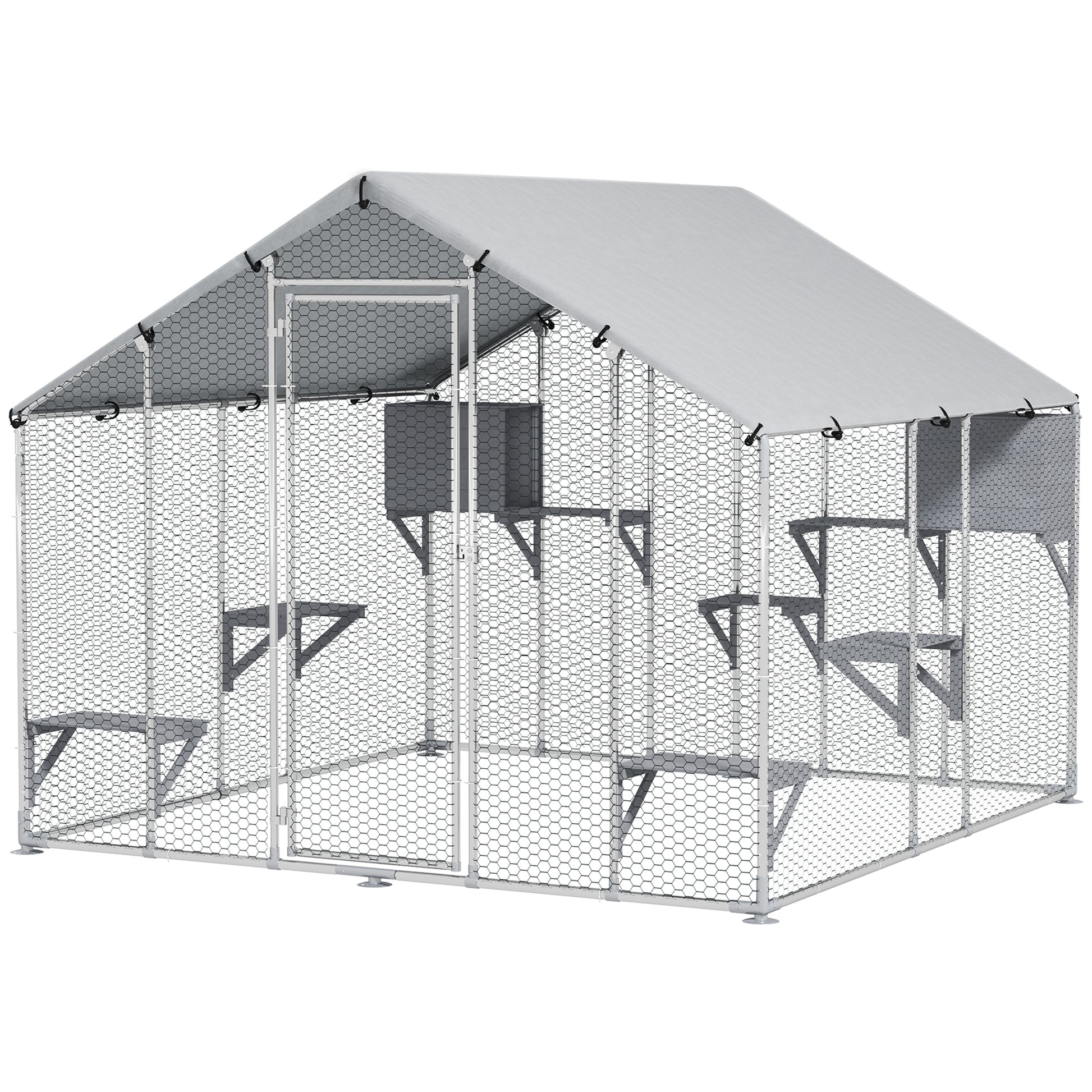 94.5" Extra Large Metal Outdoor Catio with Waterproof Cover, 2 Resting Boxes, 7 Platforms, for Multiple Rabbits, Chicken