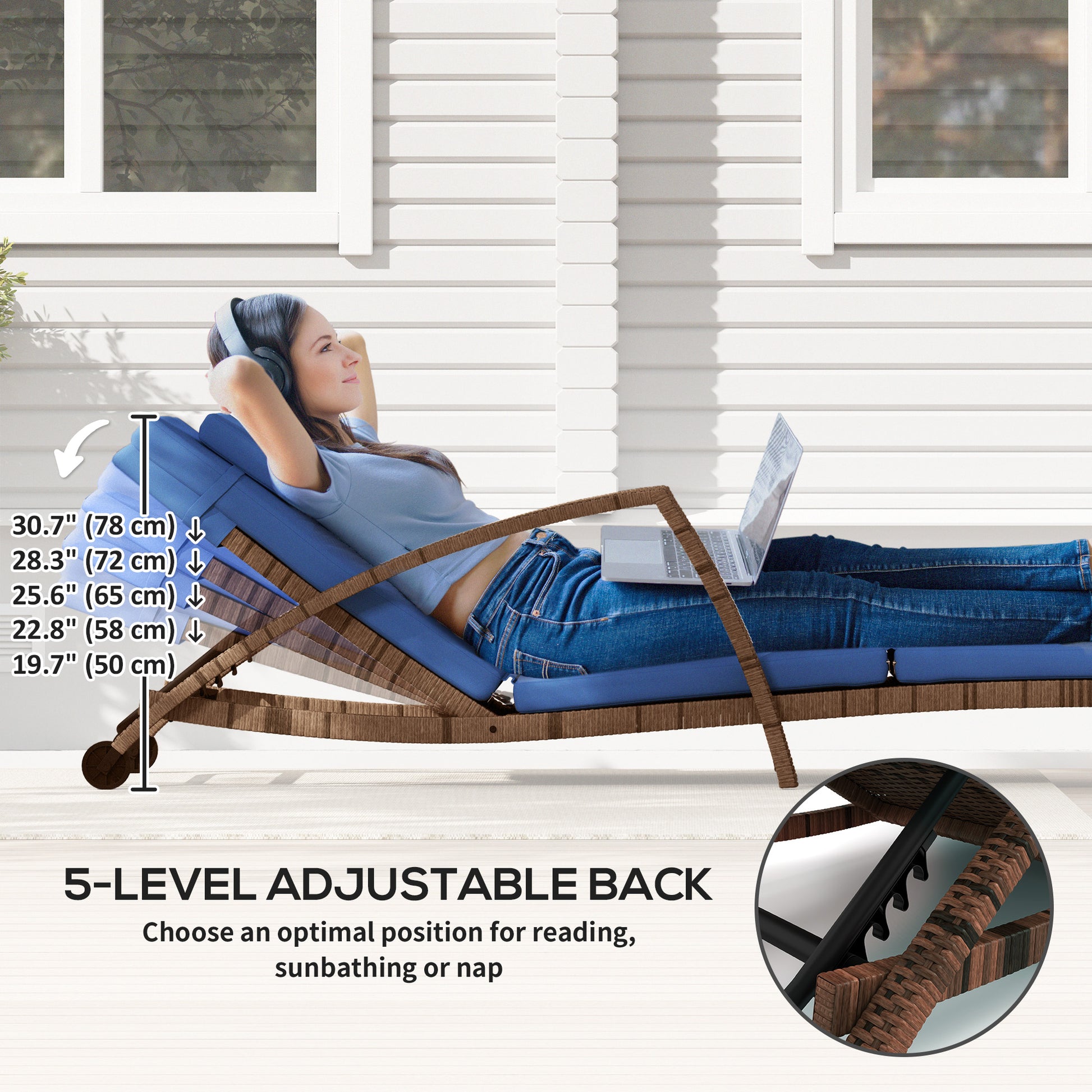 Set of 2 Wicker Chaise Lounge Chair Outdoor Patio Lounger with 5 Adjustable Back, Wheels, Cushion and Armrests, Blue