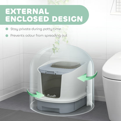 Enclosed Cat Litter Box with Lid, Scoop, Top Entry, Deodorization Bags, Drawer Type Cat Litter Tray, Easy to Clean, Grey