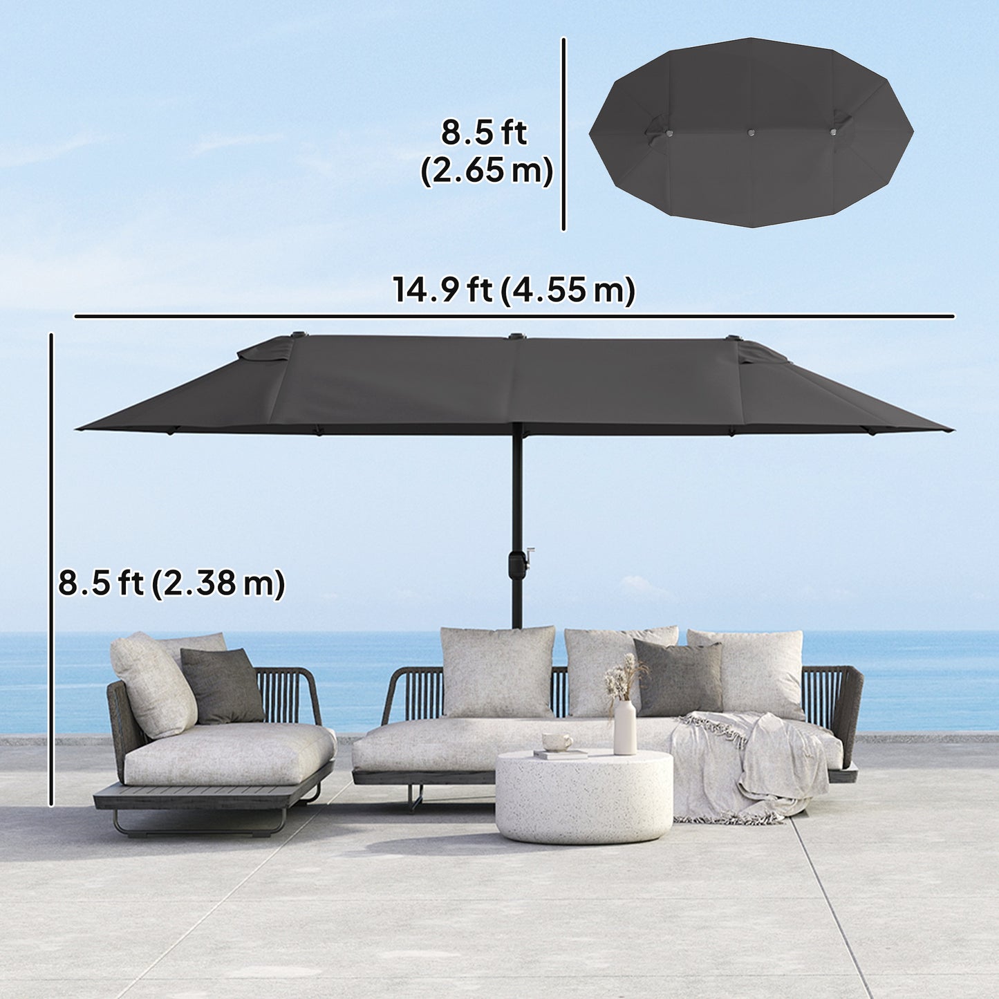 15ft Double-sided Outdoor Sun Umbrella with Twin Canopy, Outdoor Parasol with Crank for Pool, Deck, Black