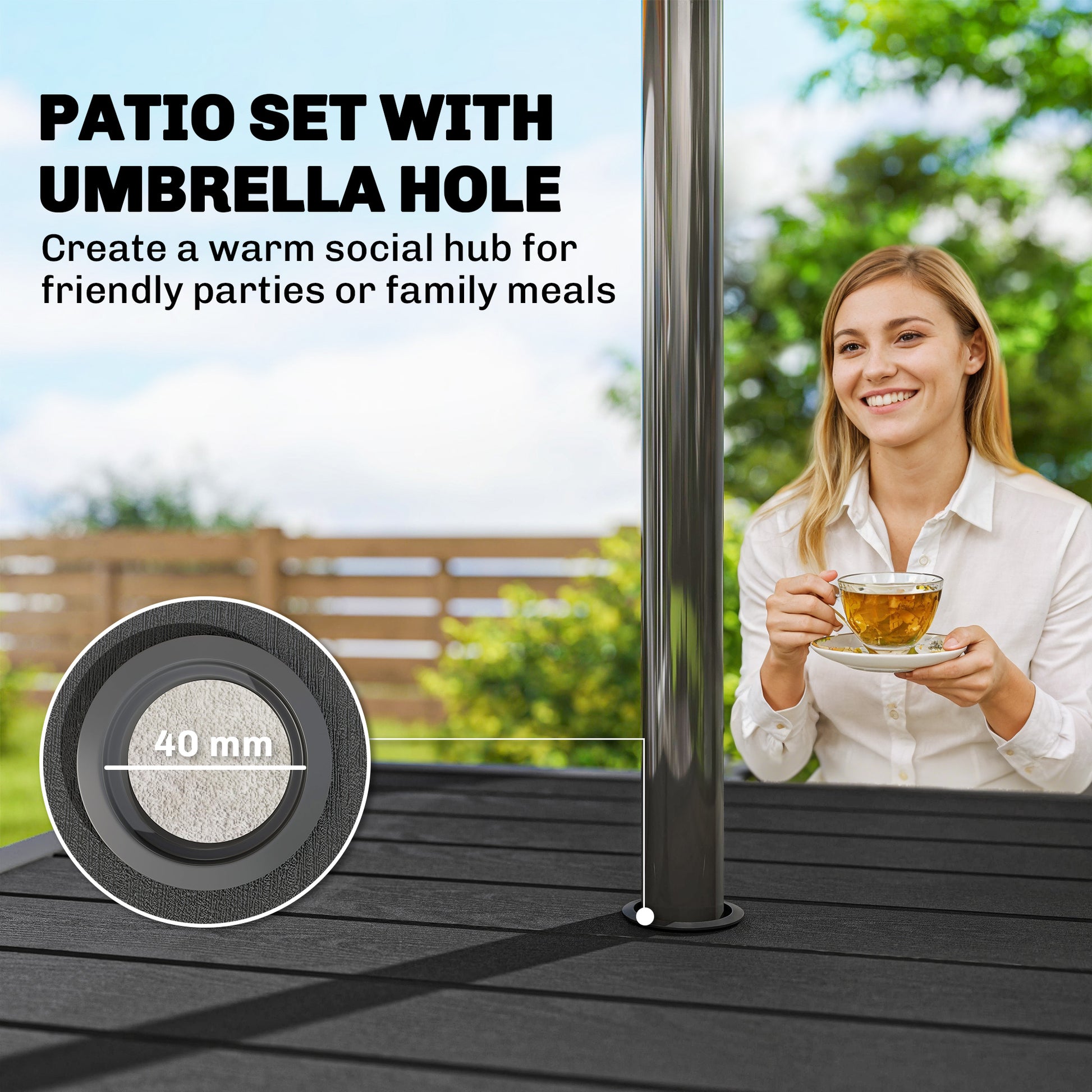 Outdoor Dining Set for 4, Faux Wood Metal Patio Table and Stackable Chairs with Plastic Rattan Effect Seat, Black
