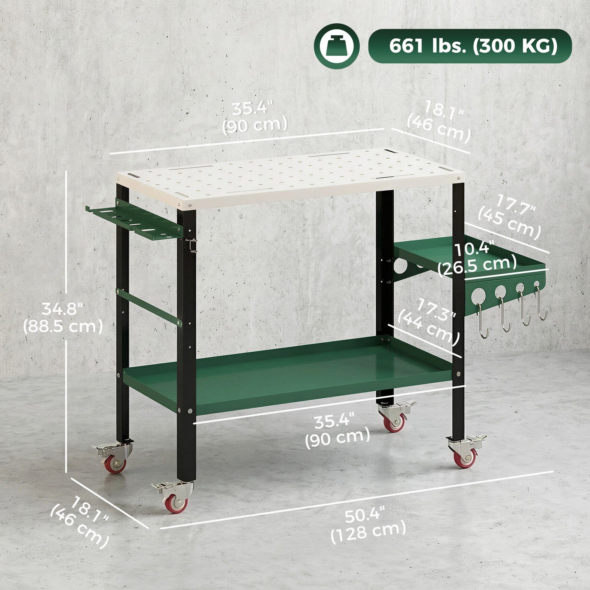2Tier Rolling Tool Cart with Wheels, Lockable Steel Heavy Duty Cart with Side Tray, Silver & Green
