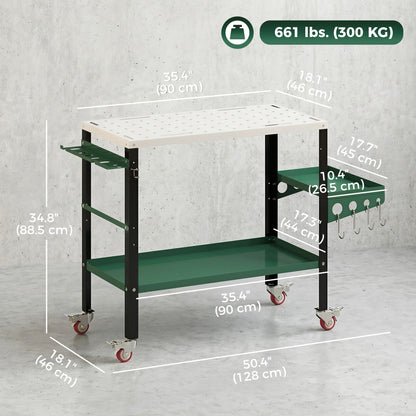 2Tier Rolling Tool Cart with Wheels, Lockable Steel Heavy Duty Cart with Side Tray, Silver & Green