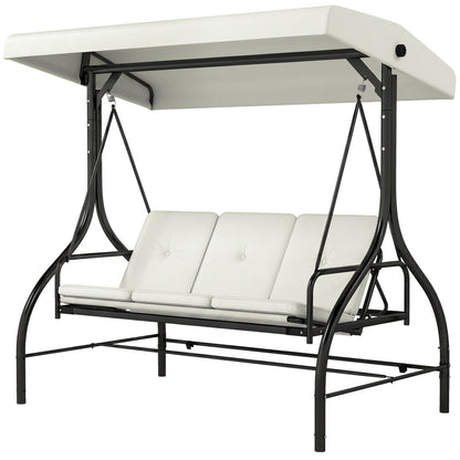 Convertible Patio Swing Bed with Canopy and Cushions, 3 Seater Porch Swing for Outdoor, Backyard, Garden, Cream White