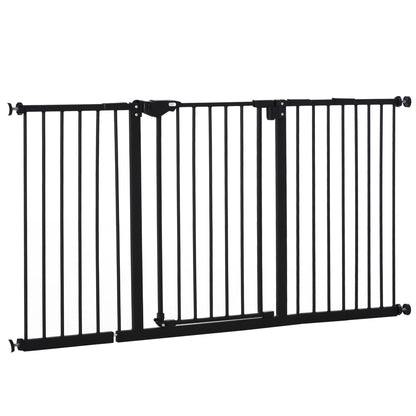 29"-58" Wide Pet Gate with Door Dog Gate and Barrier Indoor for Stairs Includes 7", 8", 12" Extensions Kit, 30 Inch Tall Pressure-Mounted Safety Gate, Black