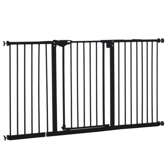 29"-58" Wide Pet Gate with Door Dog Gate and Barrier Indoor for Stairs Includes 7", 8", 12" Extensions Kit, 30 Inch Tall Pressure-Mounted Safety Gate, Black
