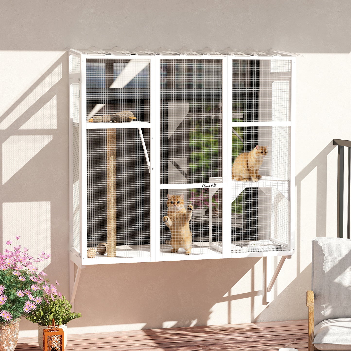 Wooden Catio Outdoor, Cat Window Box Enclosure for 2-3 Large Cats with 2 Jumping Platforms & Scratching Post, White