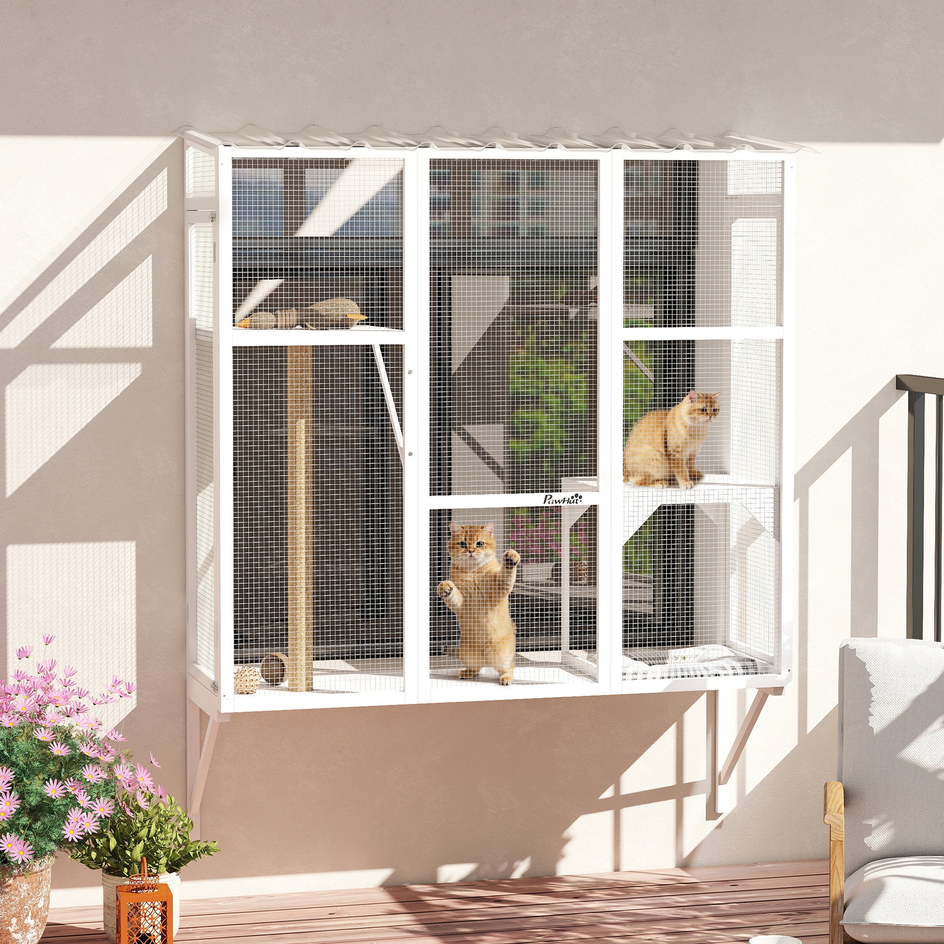 Wooden Catio Outdoor, Cat Window Box Enclosure for 2-3 Large Cats with 2 Jumping Platforms & Scratching Post, White