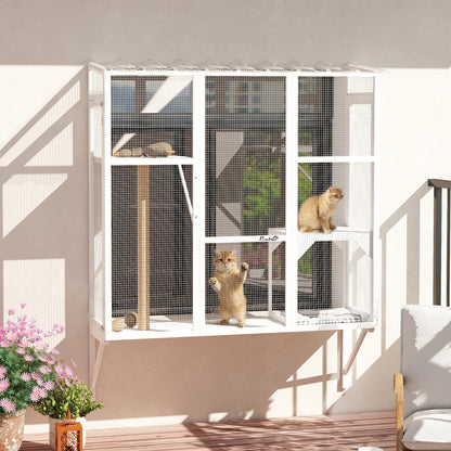 Wooden Catio Outdoor, Cat Window Box Enclosure for 2-3 Large Cats with 2 Jumping Platforms & Scratching Post, White