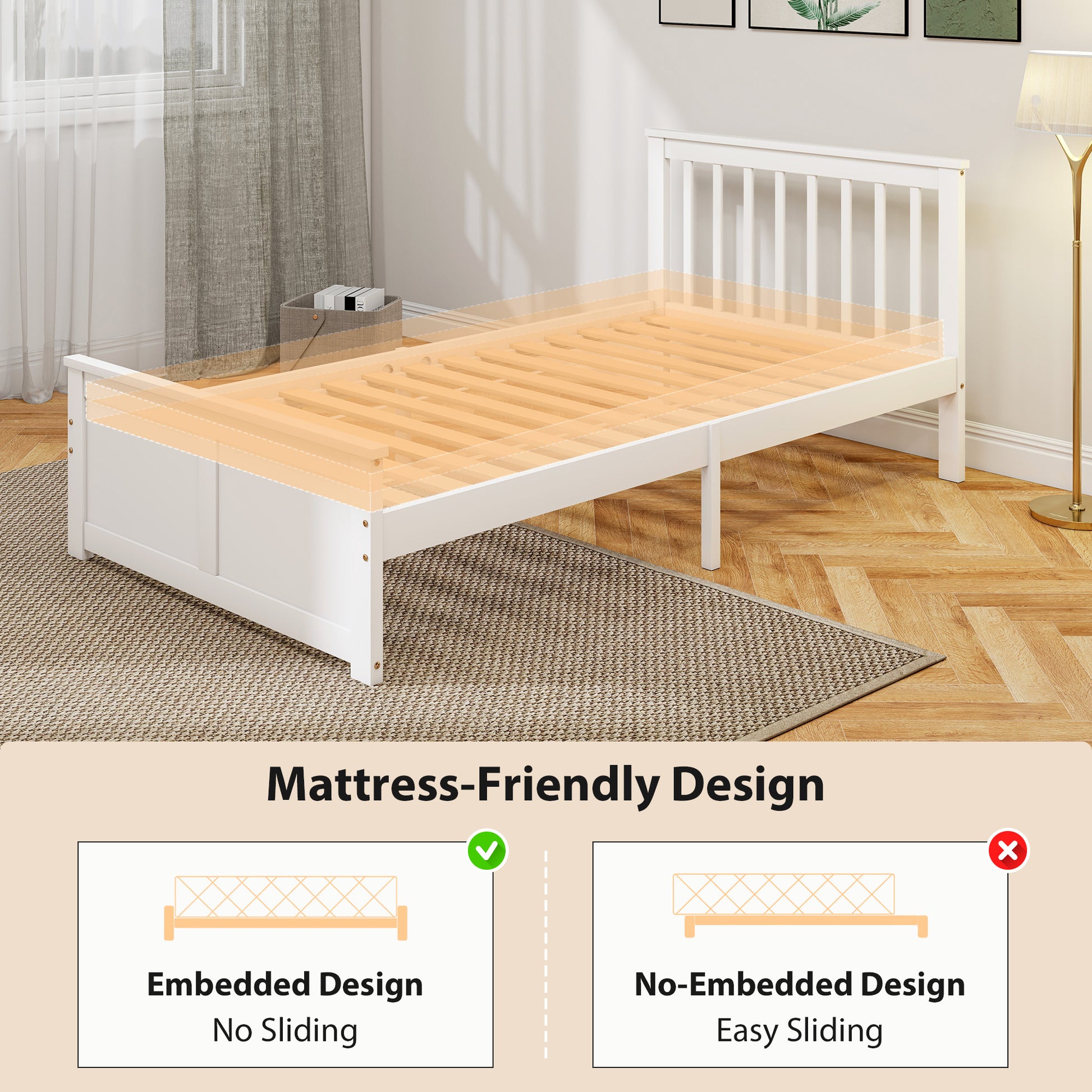 Pine Twin Bed Frame, Wood Storage Bed Frame with Drawers, Wood Slat Support, No Box Spring Needed, Easy Assembly, White