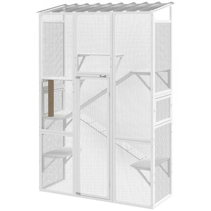 Large Outdoor Catio with 6 Jumping Platforms, Scratching Post, 2 Ramps, Waterproof Roof, White