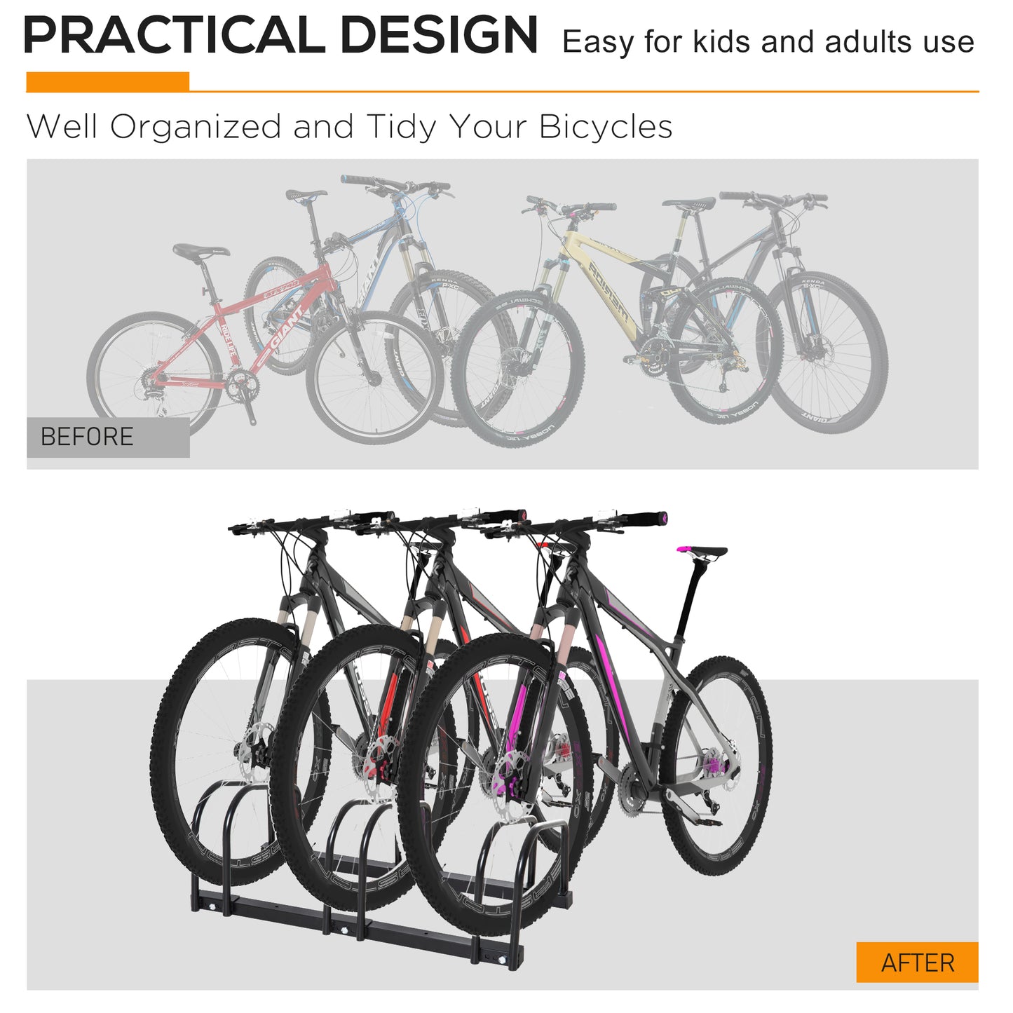 3-Bike Bicycle Floor Parking Rack Cycling Storage Stand Ground Mount Garage Organizer for Indoor and Outdoor Use Black