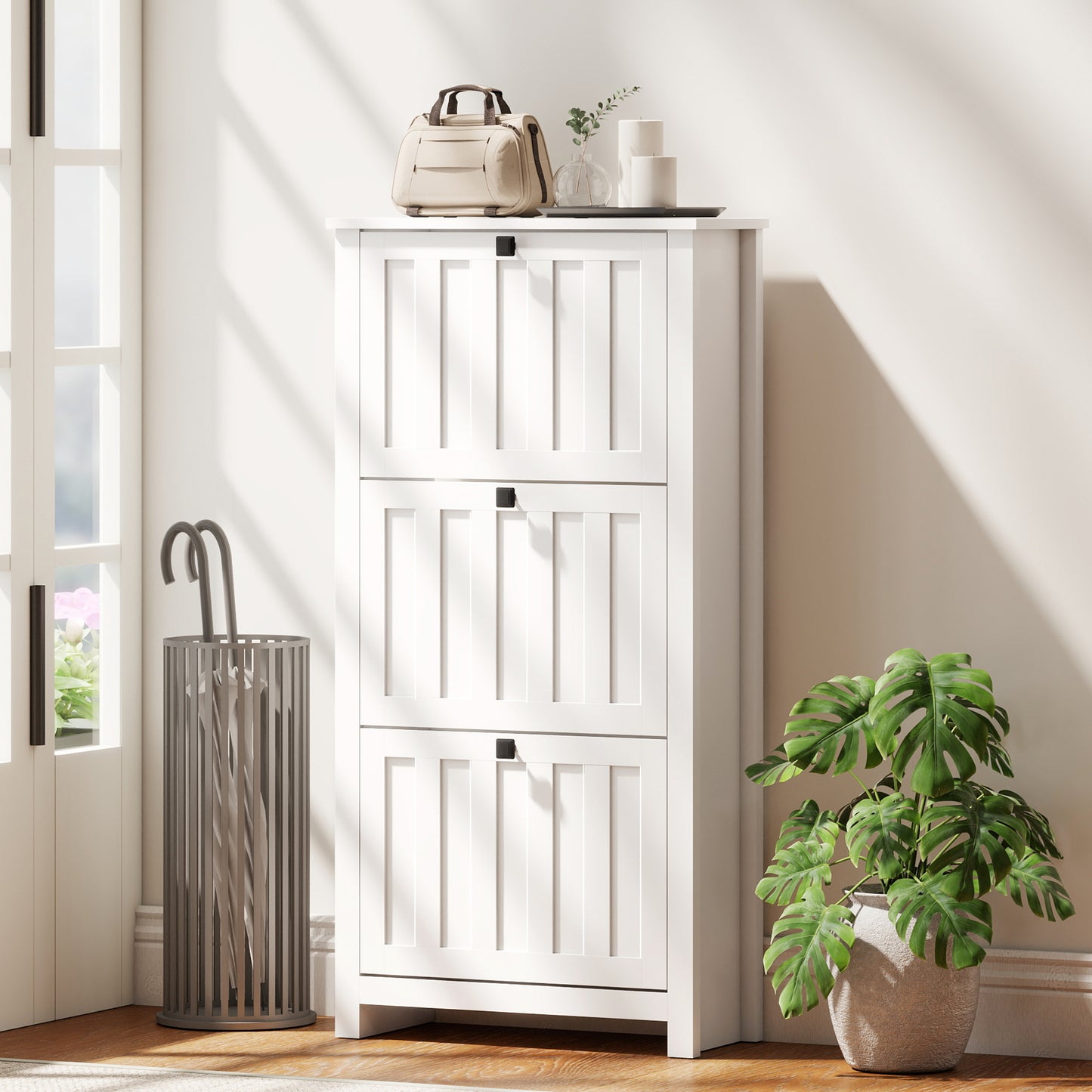 Slim Shoe Cabinet with 3 Flip Drawers, Shoe Storage Cabinet with Adjustable Shelves for Entryway, Holds 12 Pairs, White