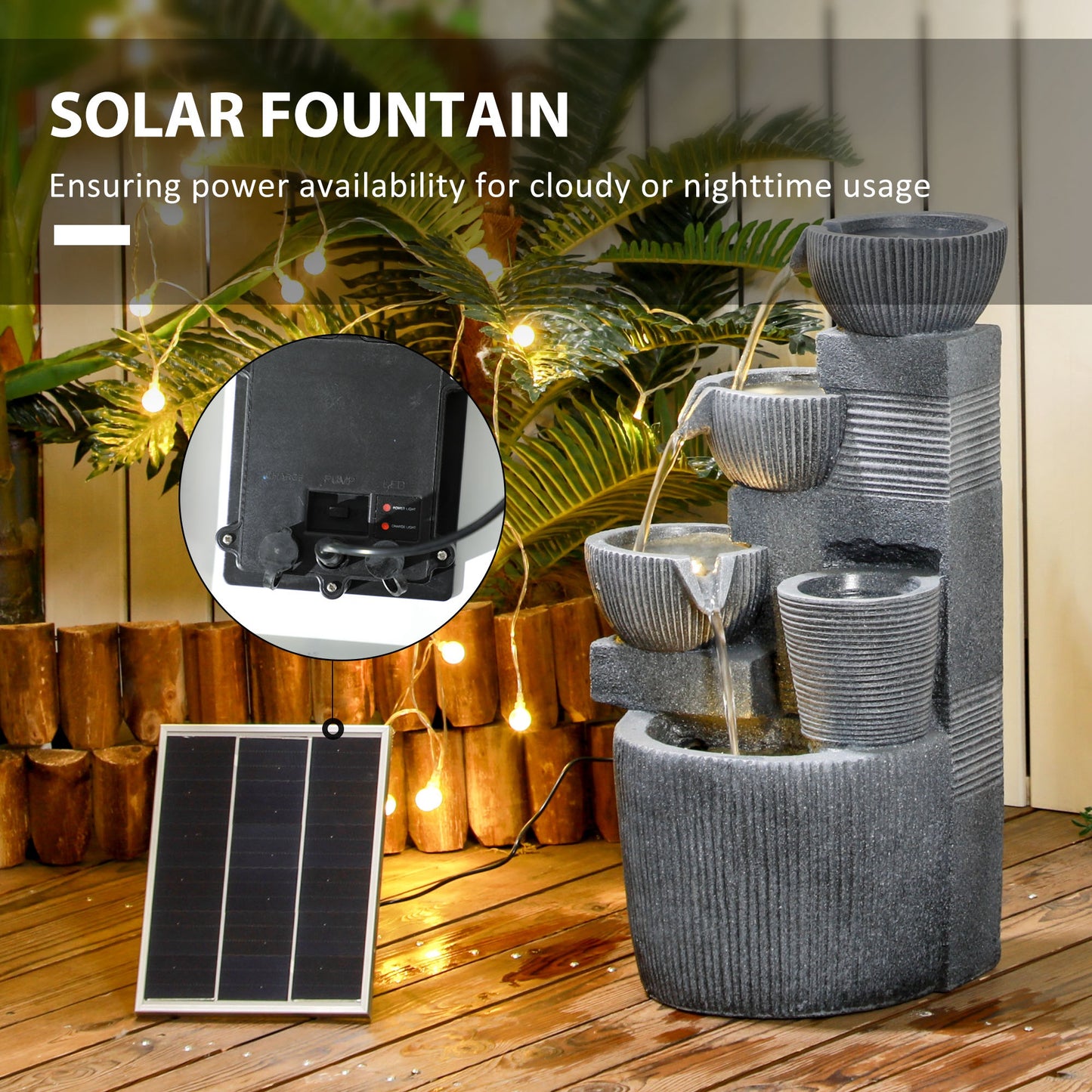 Solar Powered Outdoor Water Fountain, 4-Tier Floor Standing Resin Cascading Bowls Waterfall Fountain with LED Lights