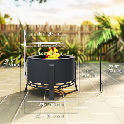 Outdoor Fire Pit, Round Firepit with Grill Grate, Fire Bowl with Ash Catcher and Poker for Backyard Camping Bonfire Picnic, Black