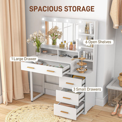 Illuminated Dresssing Table, LED Vanity Table with Mirror, Drawer and Storage Shelves for Bedroom, White