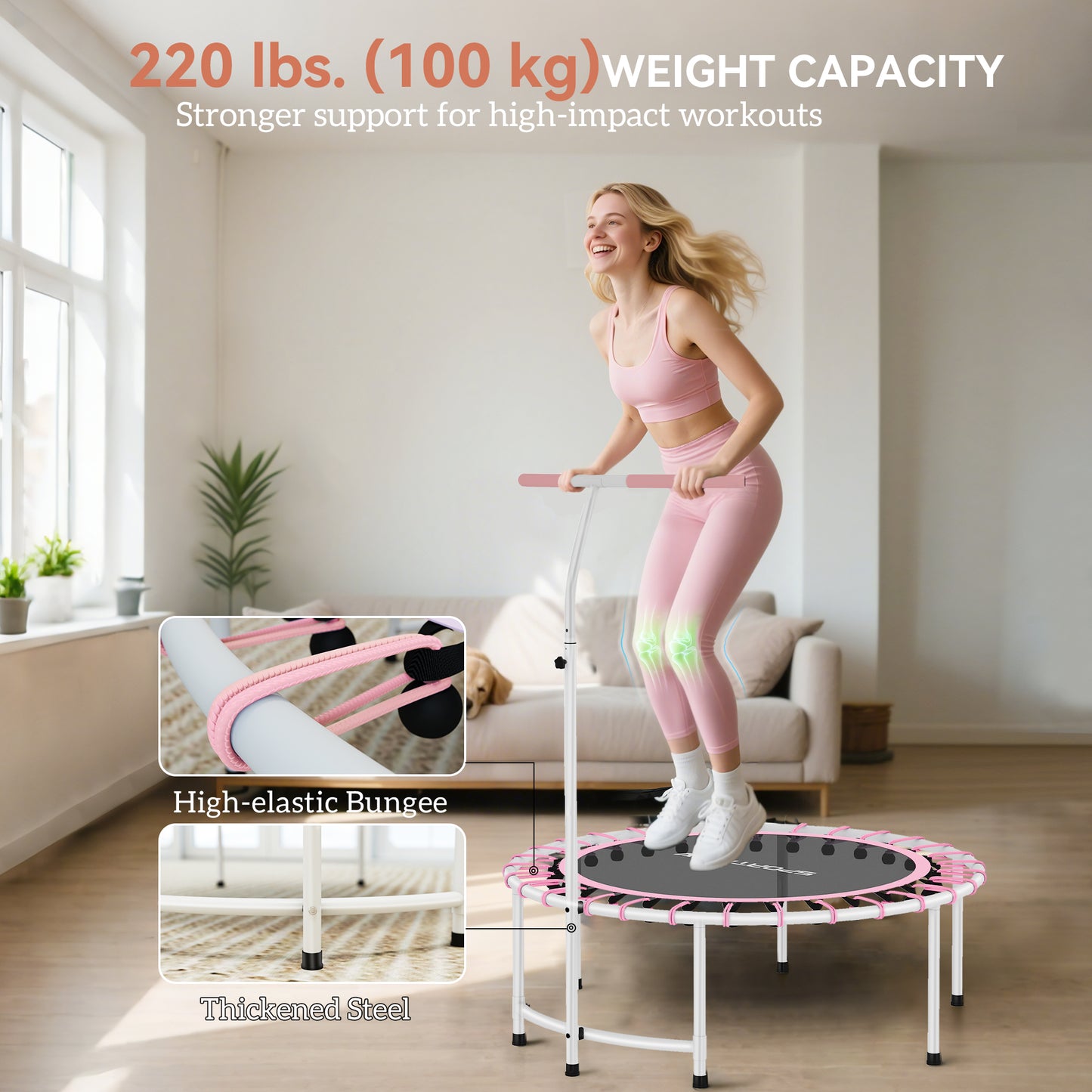 Soozier 40" Foldable Rebounder Trampoline ,Mini Trampoline Indoor with Adjustable Handle, Quiet and Safe Bungee Rebounder, Pink