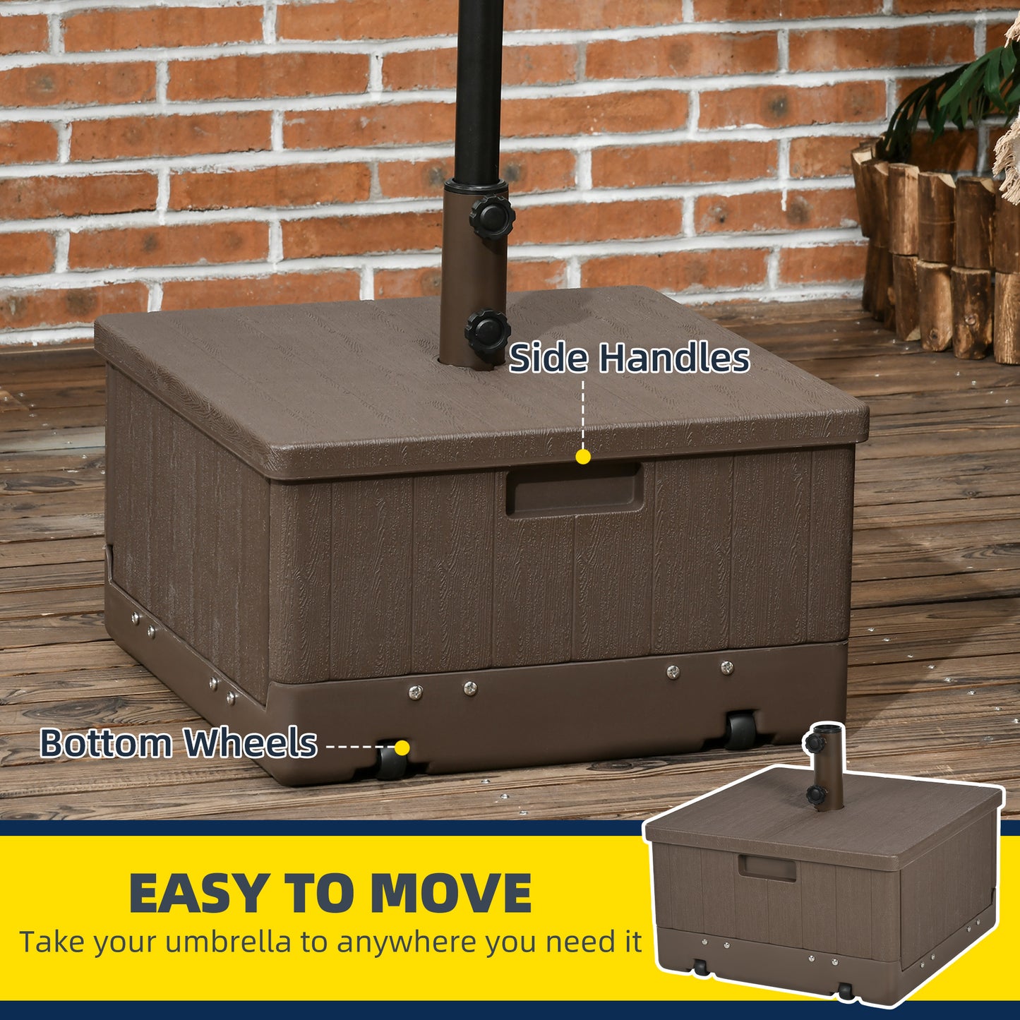 3-in-1 Outdoor Umbrella Base with Wheels, Side Table, Planter Box, 175lbs Heavy Duty Patio Umbrella Stand, Brown