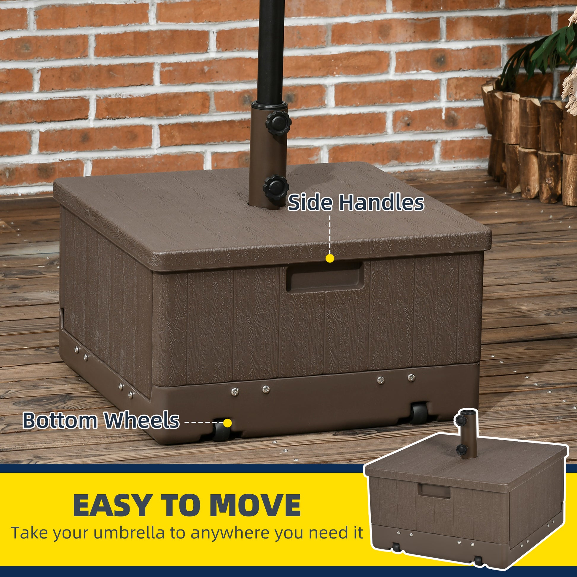 3-in-1 Outdoor Umbrella Base with Wheels, Side Table, Planter Box, 175lbs Heavy Duty Patio Umbrella Stand, Brown