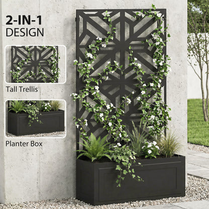 Metal Raised Garden Bed with Trellis for Climbing Plants, Freestanding or Wall Mounted Flower Bed with Privacy Panel