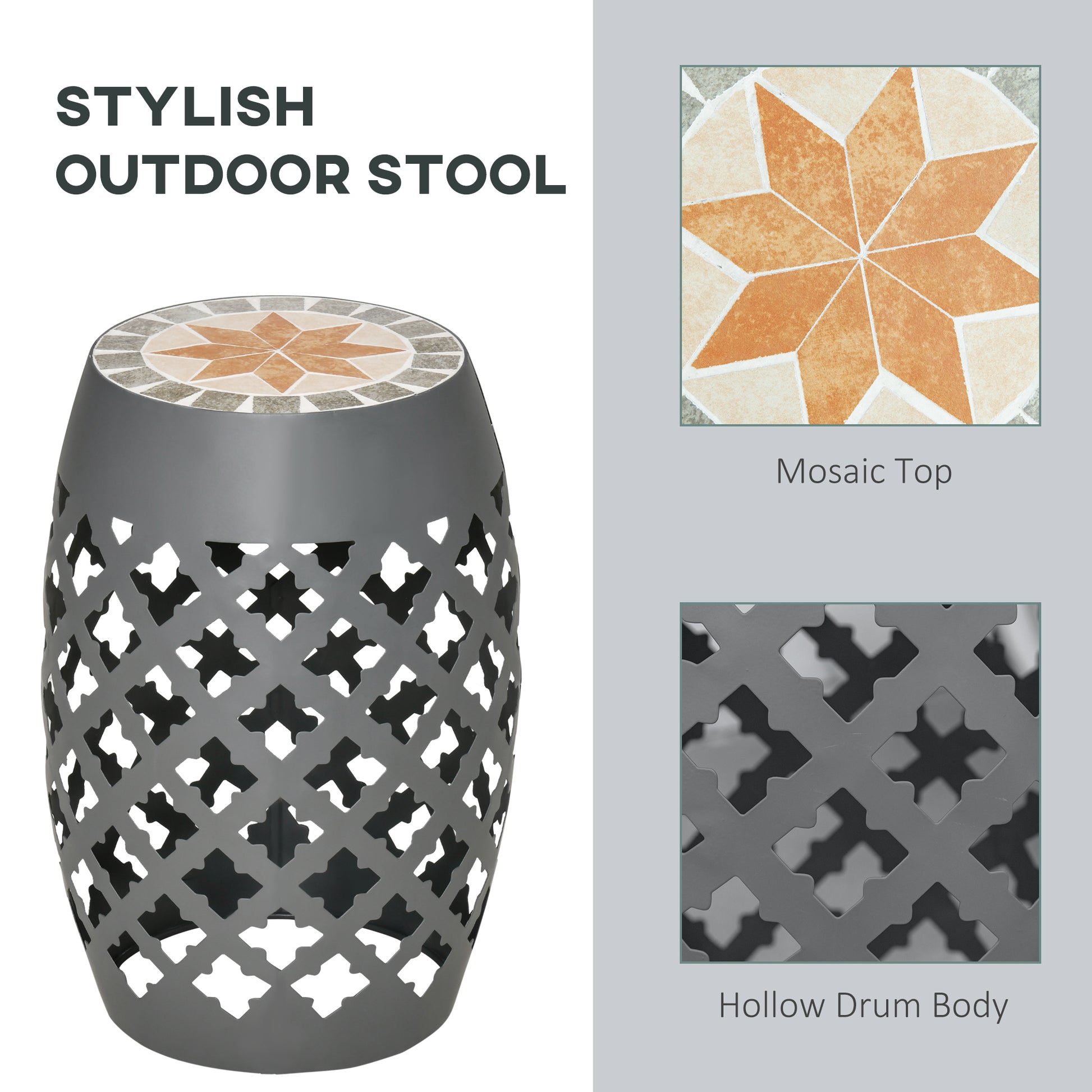 Ceramic Decorative Garden Stool, 12" Drum Outdoor Stool Side Table Plant Stand for Outdoor Indoor, Grey