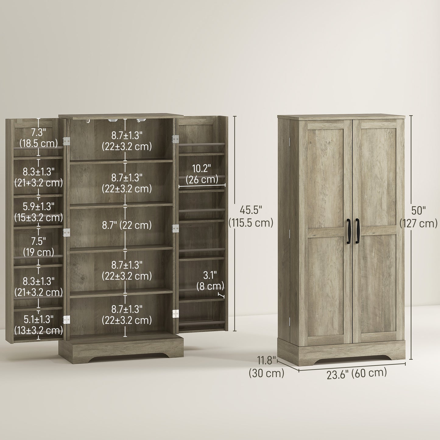 50" Pantry Storage Cabinet, Farmhouse Kitchen Pantry Cabinet with Doors, Adjustable Shelves, Distressed Grey
