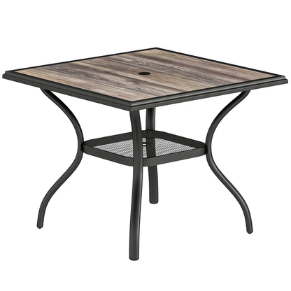 Outdoor Dining Table for 4, Square Patio Table with Umbrella Hole, Shelf, Faux Wood Top for Garden, Backyard, Grey