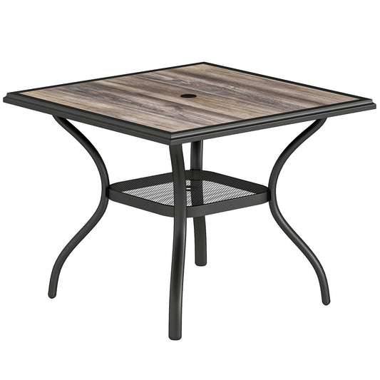 Outdoor Dining Table for 4, Square Patio Table with Umbrella Hole, Shelf, Faux Wood Top for Garden, Backyard, Grey