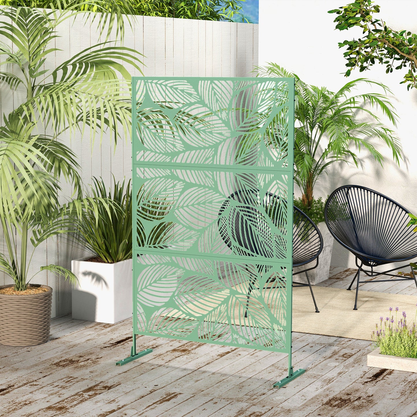 6.5FT Decorative Outdoor Divider, Metal Privacy Screen with Stand, Leaf Style, Light Green