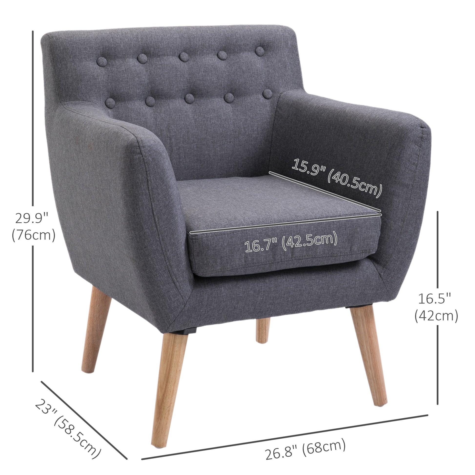 Linen Upholstery Armchair, Mid-Century Modern Accent Chair with Wood Frame and Thick Padding, Light Grey