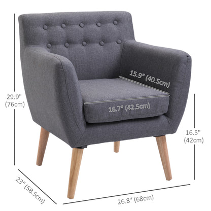 Linen Upholstery Armchair, Mid-Century Modern Accent Chair with Wood Frame and Thick Padding, Light Grey