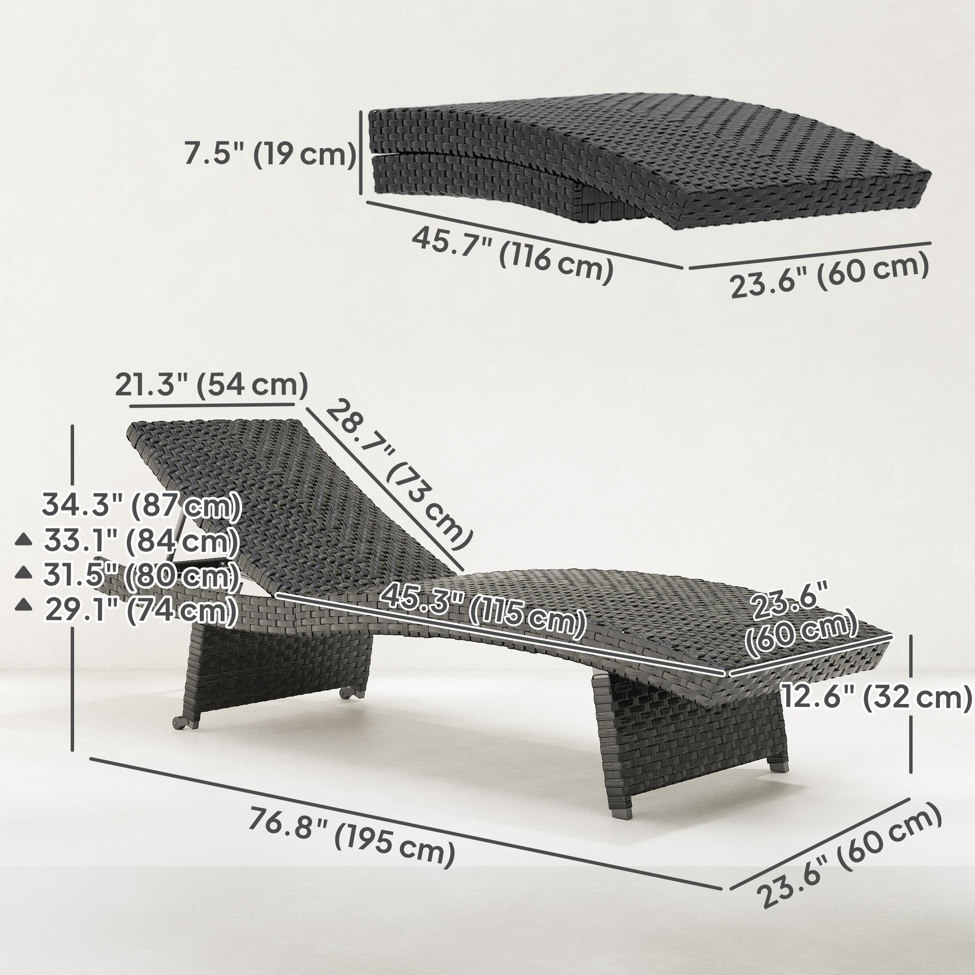 Patio Lounger, Folding Wicker Outdoor Chaise Lounge with 4-Level Adjustable Backrest, Black