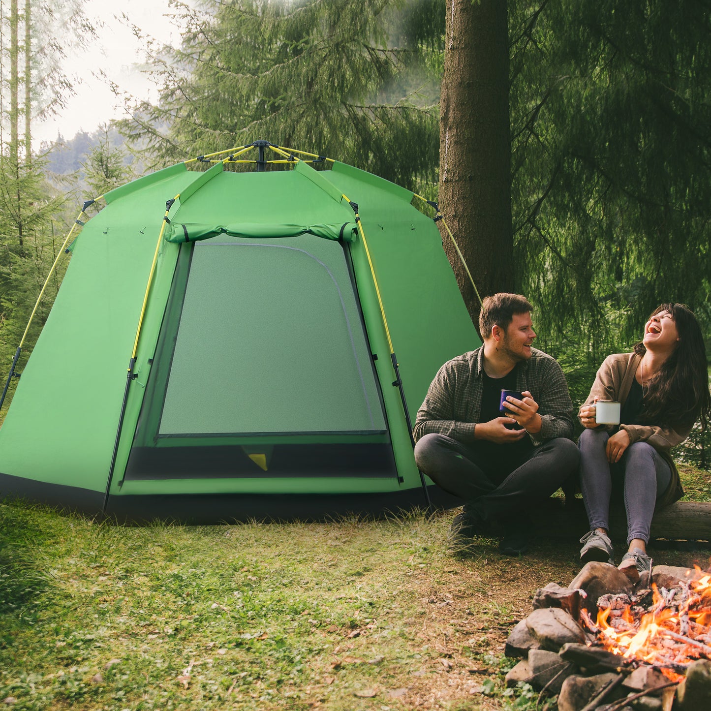 6 People Instant Automatic Camping Tent, 2-Tier Fabric Backpacking Tent with 4 Windows 2 Doors Portable Carry Bag for Fishing Hiking, Green