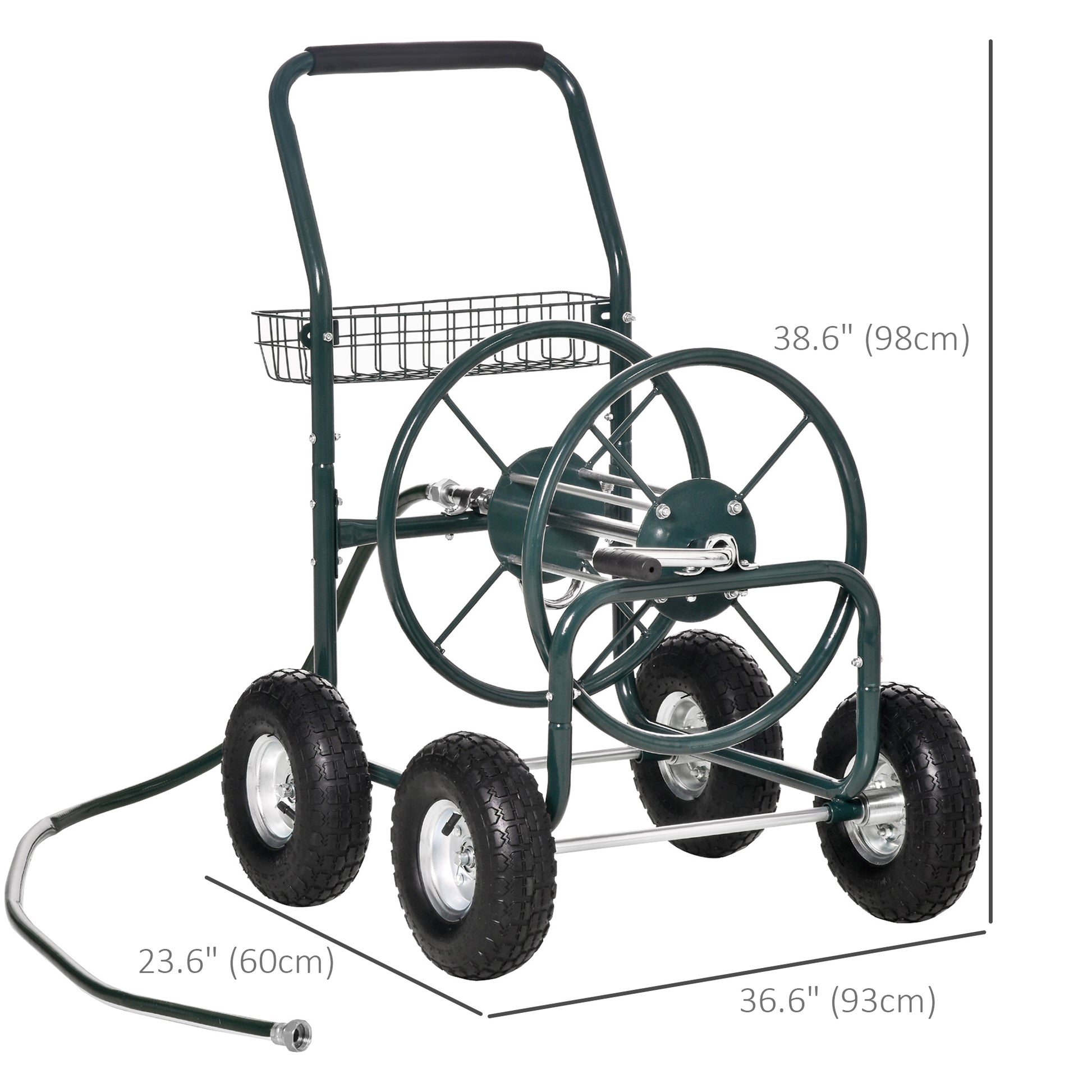 Garden Hose Reel Cart, Portable Hose Organizer with Hose Guide System, 4 Wheels & Storage Basket for Yard, Garden, Farm