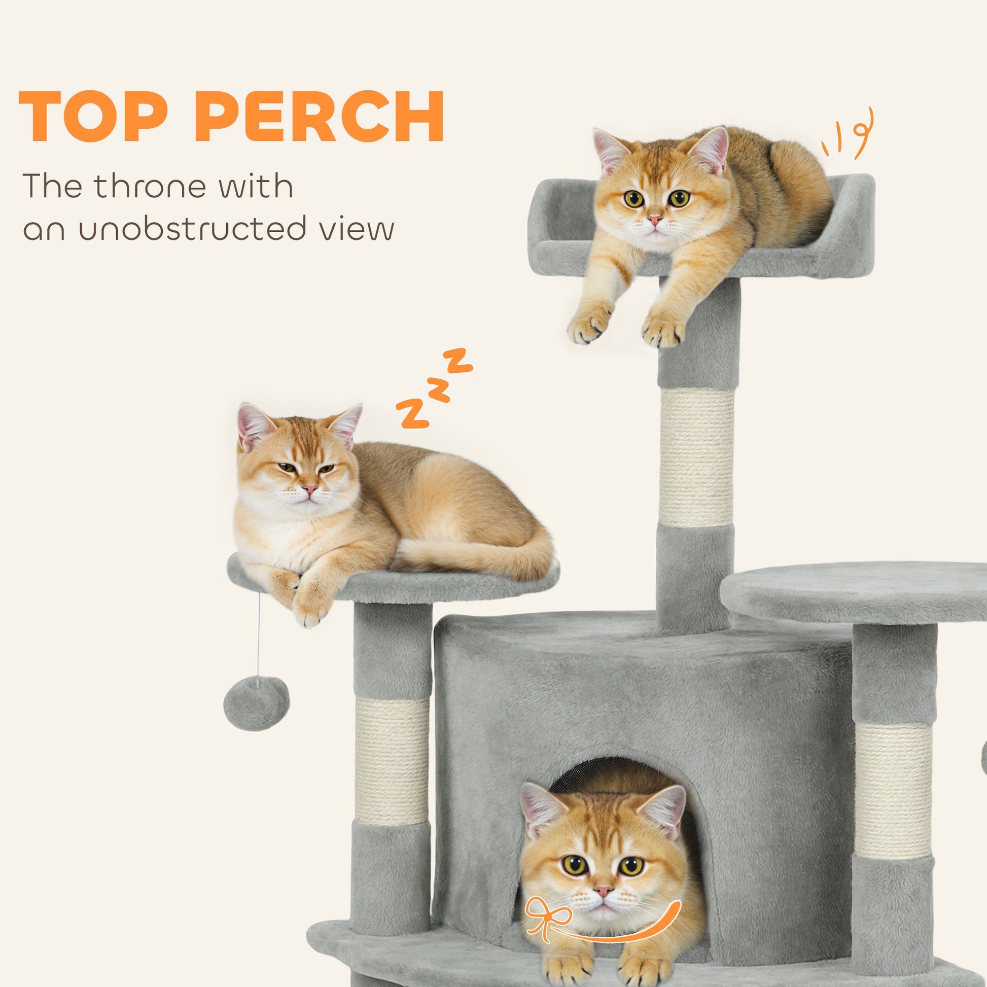 62" Cat Tree with Scratching Post, 2 Condos, Hammock, Perches, Plush, Pompoms, for Indoor Cats, Light Grey