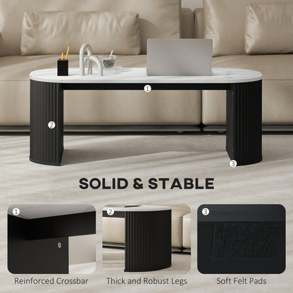 Coffee Table, Modern Marble-Effect Living Room Table with Round Corners and Thicken Legs, Black