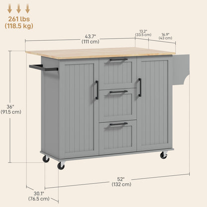 Rolling Kitchen Cart on Wheels with Drop Leaf, Kitchen Island with 3 Drawers, Solid Wood Top and Towel Rack, Grey