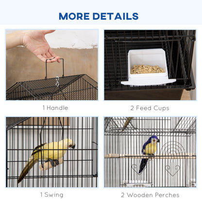 48" Bird Cage with Perch, Swing, Food Container, Slide-out Tray, Handle, Parrot Cage for Finches, Canaries, Budgies