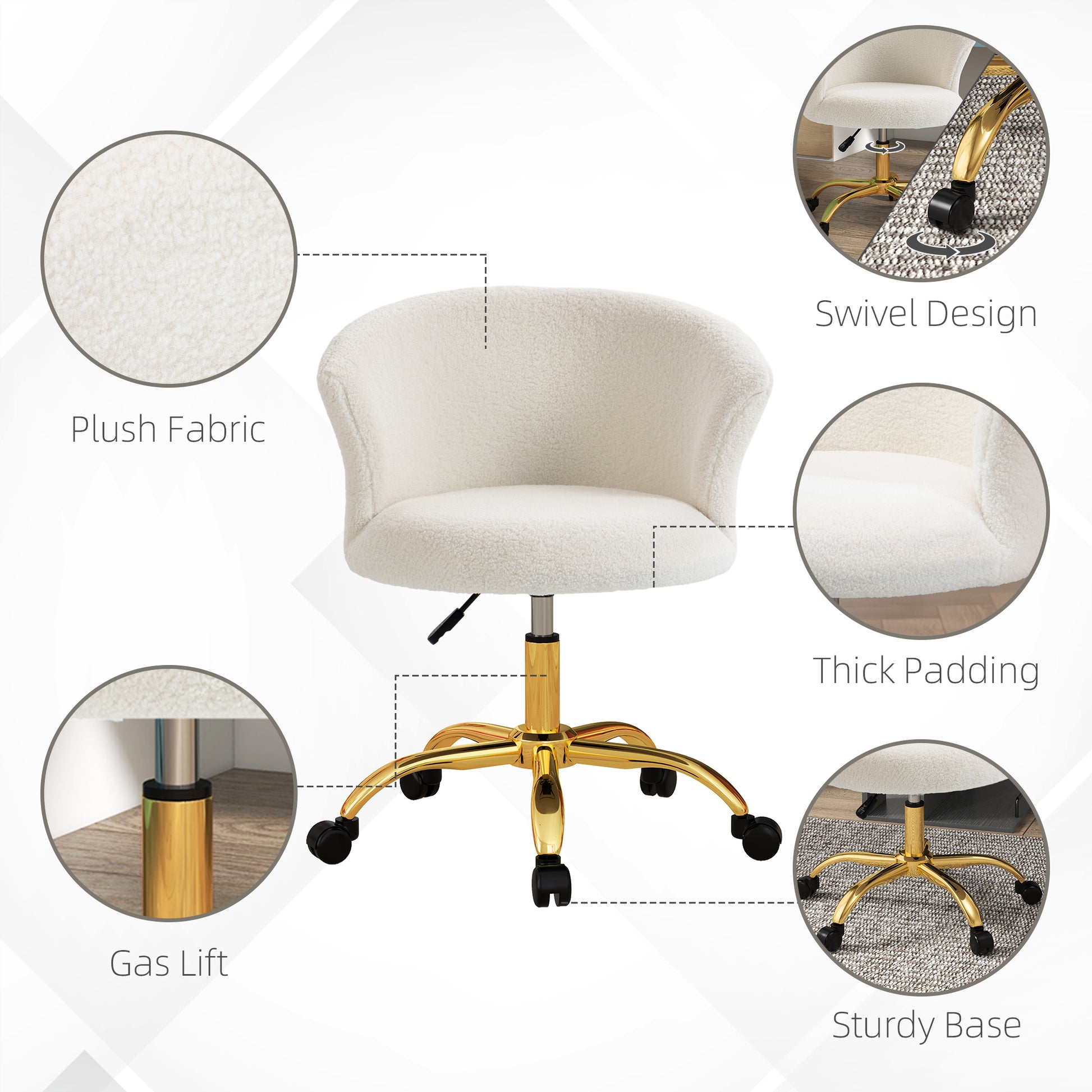 Armless Office Chair, Fluffy Computer Desk Chair with Adjustable Height, Swivel Wheels, Mid Back, Gold