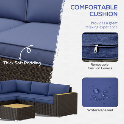 6 Pieces Outdoor Rattan Patio Furniture Set with Corner Sofa, Wood-Plastic Coffee Table, Navy Blue