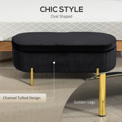 Upholstered Bedroom Bench, Channel Tufted Ottoman Bench with Thick Padding and Metal Legs, Black