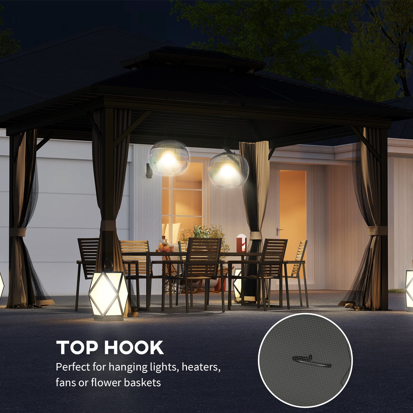 10' x 12' Hardtop Gazebo, Sun Shelter with Double Tier Metal Roof, Mosquito Netting, and Hanging Hook, Dark Brown