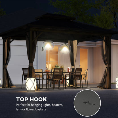 10' x 12' Hardtop Gazebo, Sun Shelter with Double Tier Metal Roof, Mosquito Netting, and Hanging Hook, Dark Brown