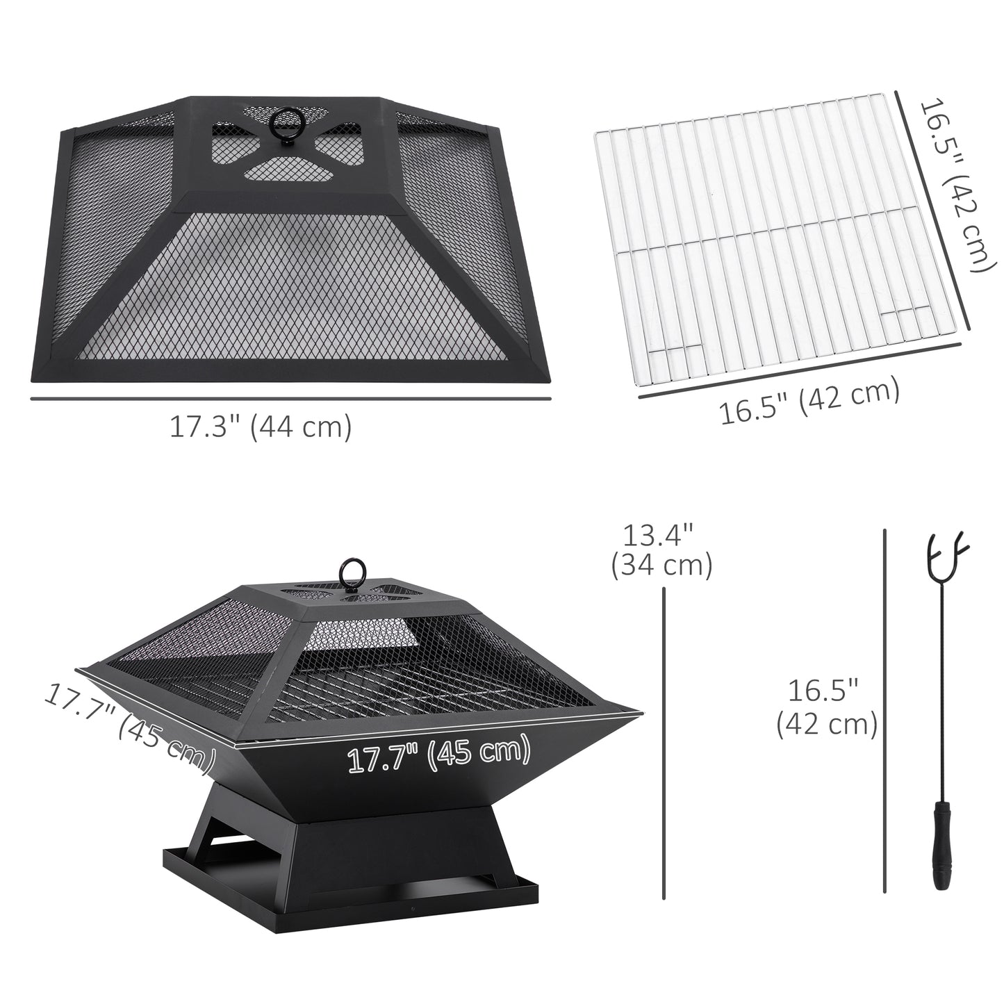 17.7" Wood Burning Portable Fire Pit, Outdoor Firepit with Cooking BBQ Grill, Spark Screen, Poker for Backyard, Black