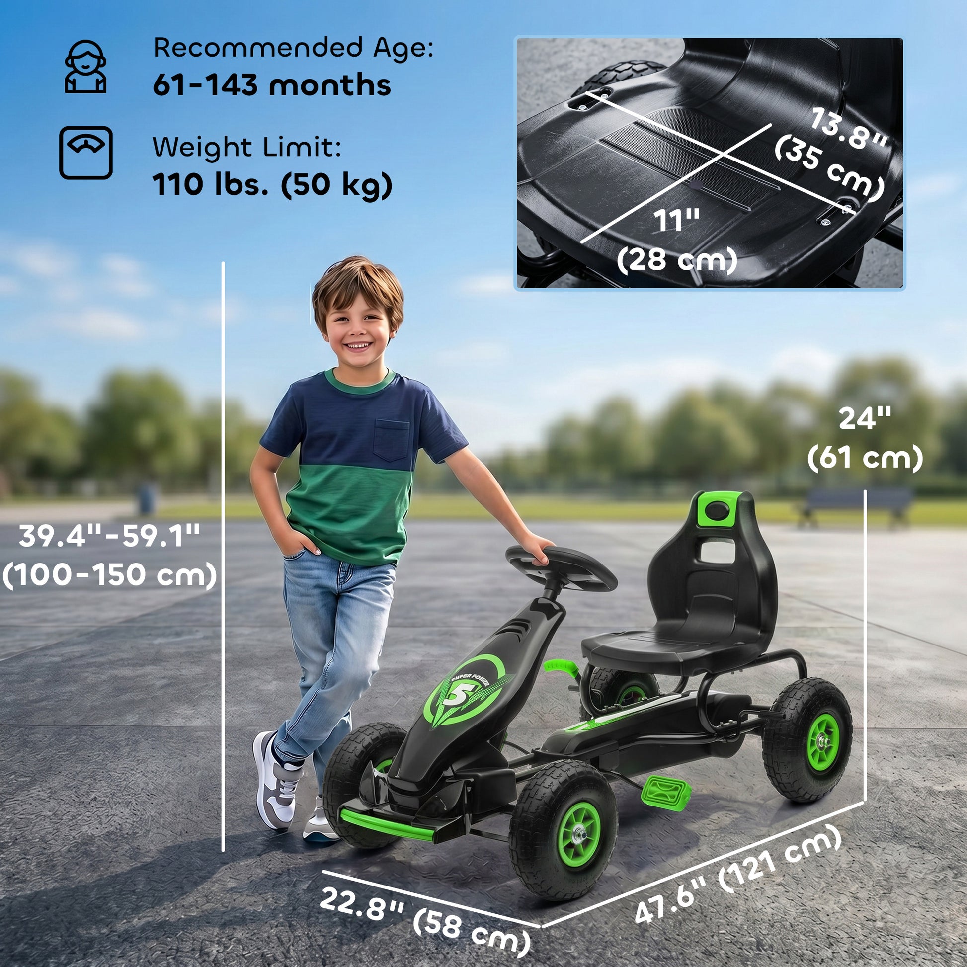Aosom Pedal Go Kart w/ Adjustable Seat, Rubber Wheels Shock Absorb, Green
